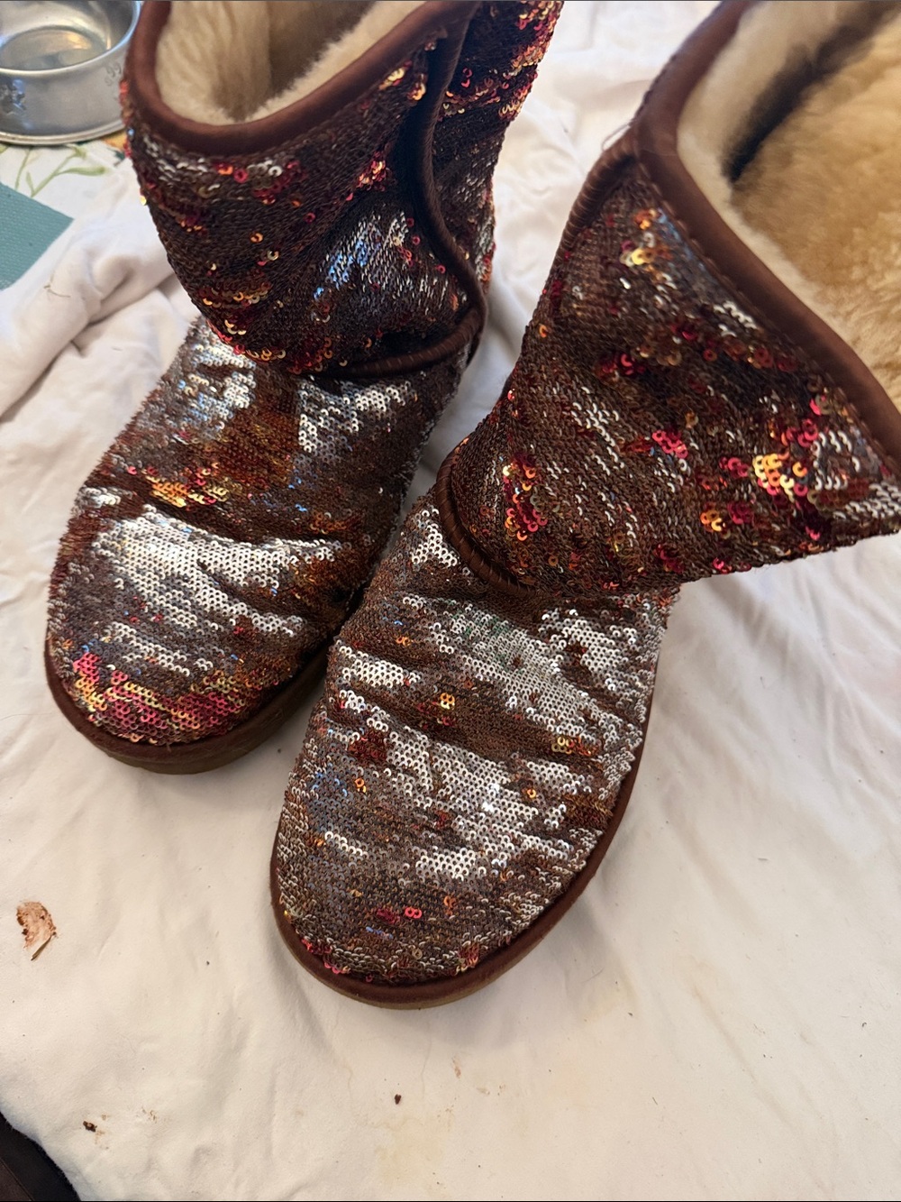 UGG Brown Sequin Shearling Lined Slippers - Multicolor Sparkle